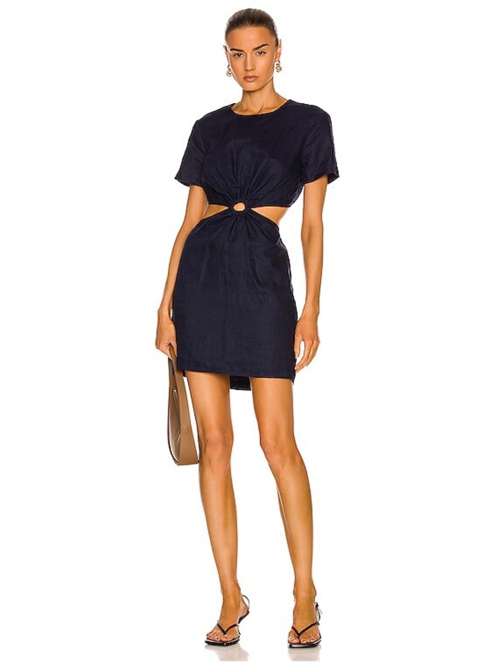 STAUD Epona Linen-Cotton Cut-Out Dress in Navy